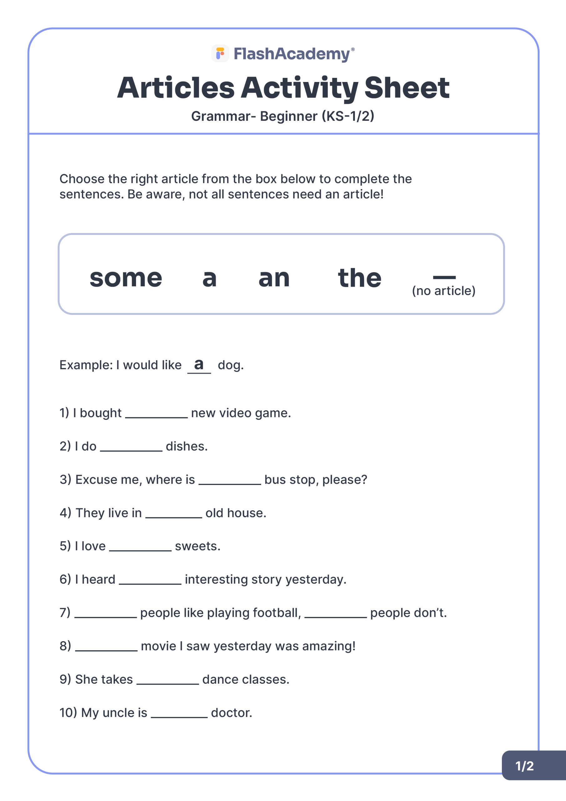 Articles Activity Sheet