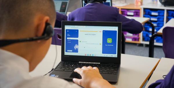 A secondary school student using FlashAcademy's EAL (English as an Additional Language) platform on a laptop