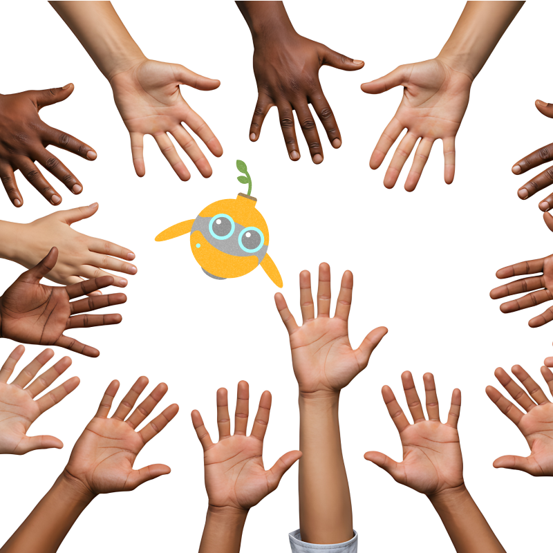 Hands in a circle with FlashAcademy® flying robot in the centre