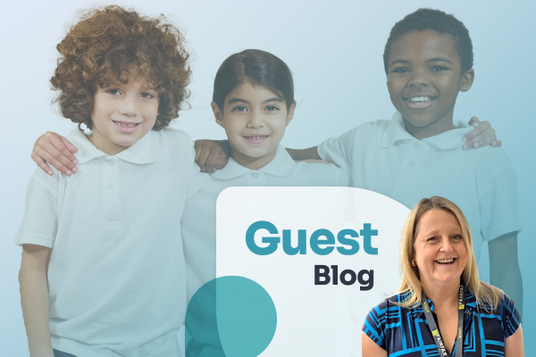 Image of Helen Williams from Fairfax Multi Academy Trust set over a group of three diverse children smiling.