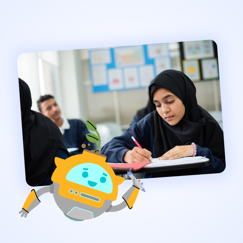 Teenage girl wearing black hijab and school uniform working at her desk. Fla5h, the FlashAcademy® robot character is overlaid on the image holding a pen.