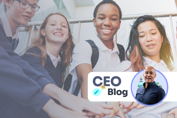 Diverse group of students with hands in the middle. Image overlaid showing Veejay Lingiah with the words CEO blog.