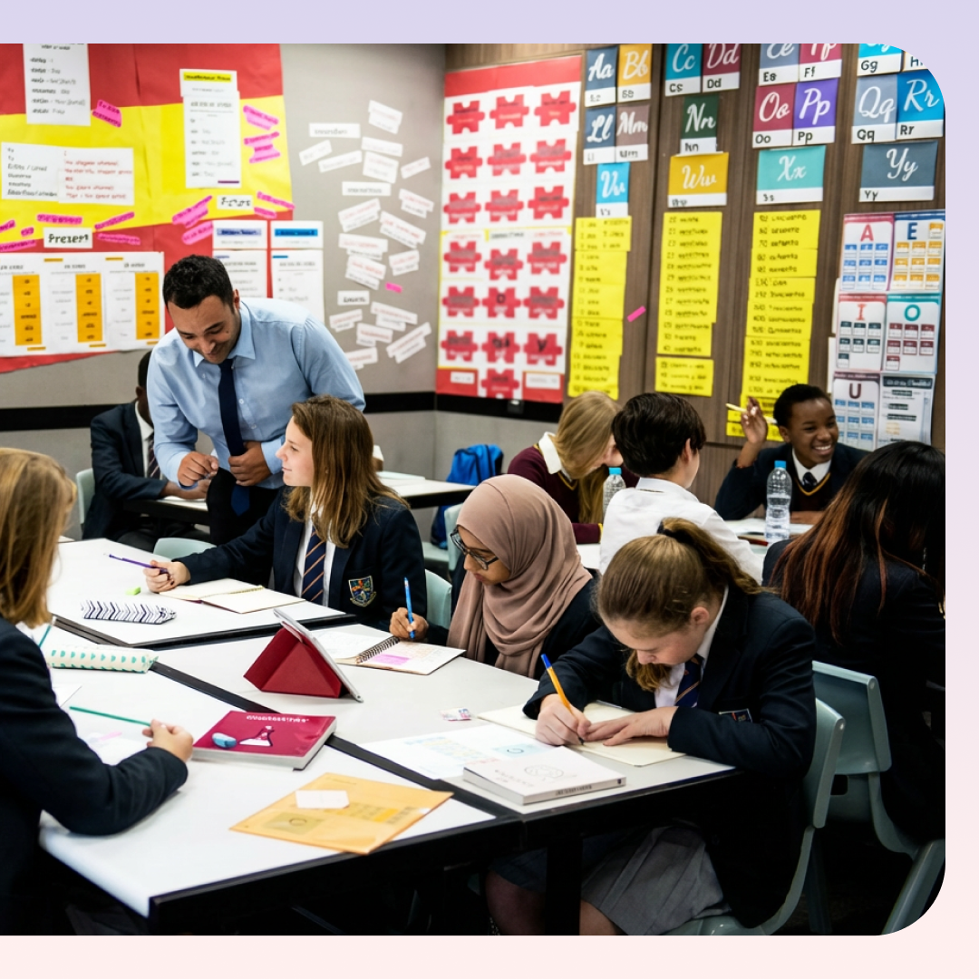 EAL teacher leans to speak to a diverse groups of bilingual young people in class.