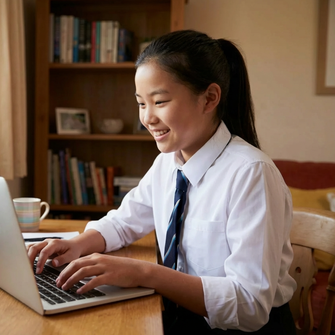Teenage girl works independently at a laptop wearing school uniform.