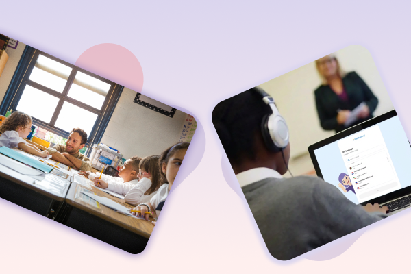 Two images in slanted design. In the first a teenage boy using FlashAcademy®'s home language interface to do work at his laptop wearing headphones. The other is a teacher crouching to speak to a table of children.