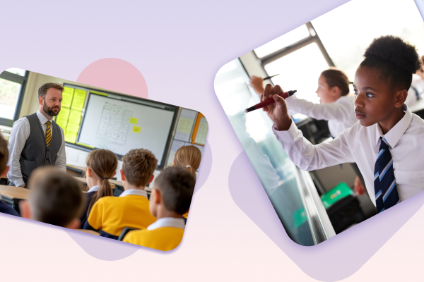 Two photos in designed image. One is of a Black teenage girl writing on an interactive whiteboard. Another is of a teacher speaking in front of his class. Both represent scaffolding in education.