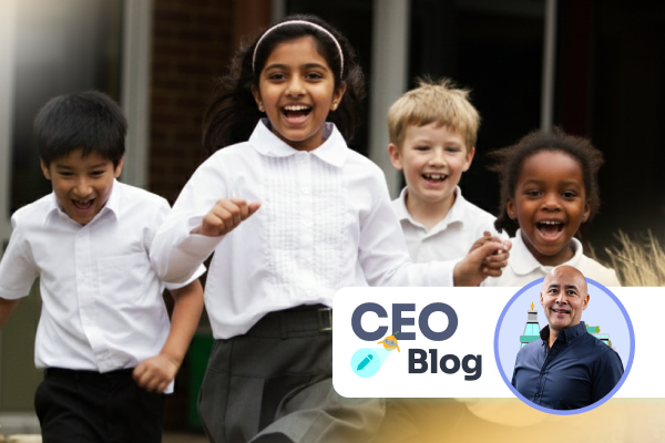 Four diverse children run towards camera smiling. CEO Blog image is overlaid with a picture of Veejay Lingiah, CEO of FlashAcademy®.