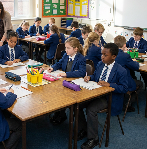 Diverse group of children in school uniform working in a classroom.